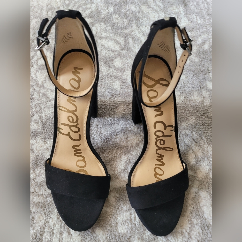Sam Edelman Yaro Black Suede Ankle Strap, Open Toe 4" Heel Sandals, Size 8.5